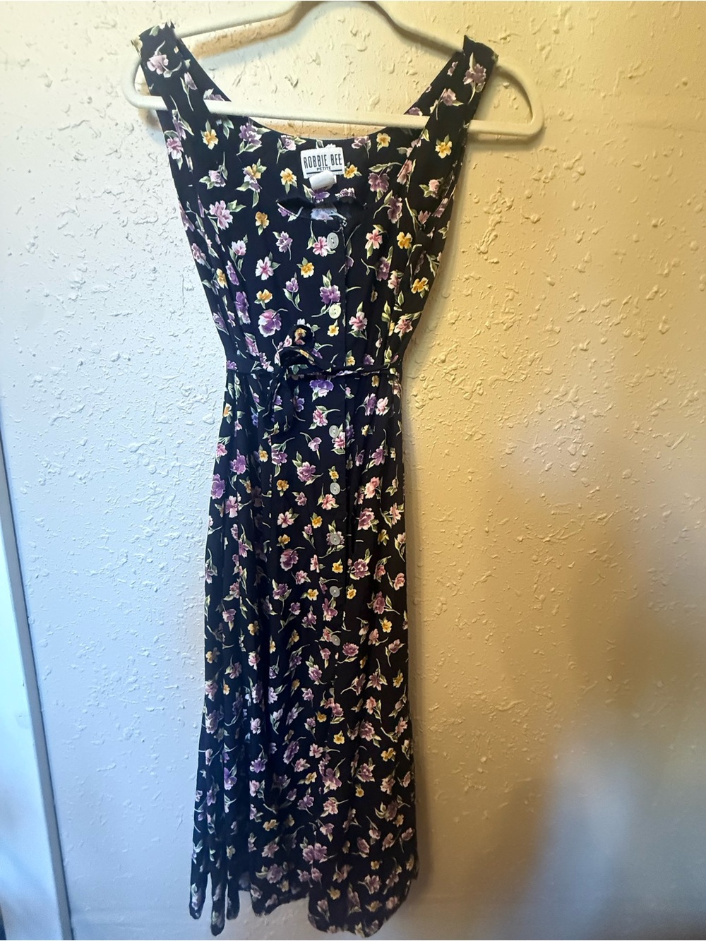 Robbie Bee Petite Vintage 90s Black Floral Button Front Midi Dress